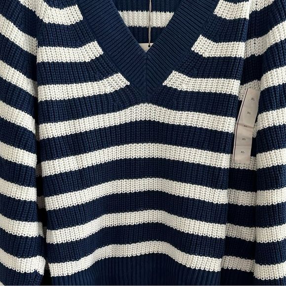A New Day Blue Striped V-Neck Balloon Sleeve Pullover Chunky Knit Sweater XL - Picture 2 of 5